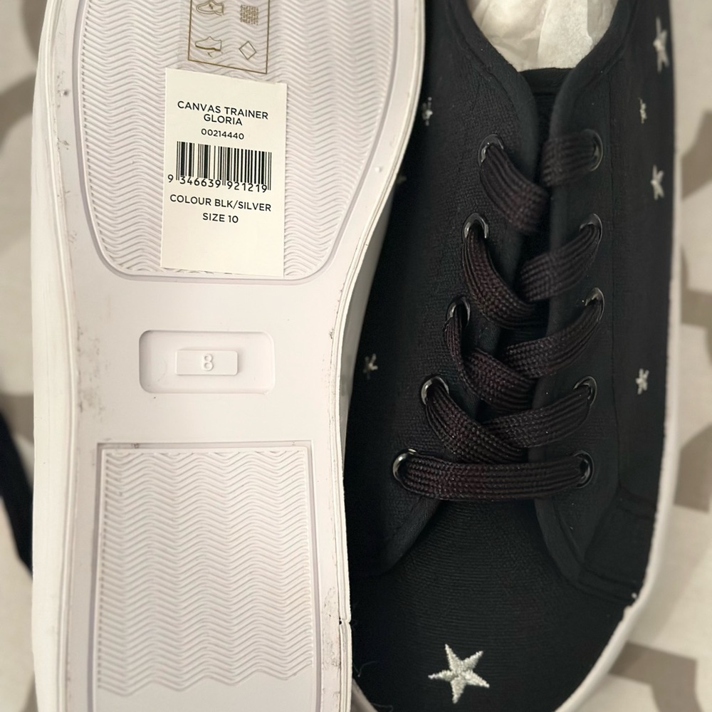 Navy blue sneakers are brightened by the white stars. They are Evan’s size 10’s